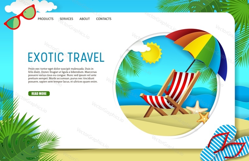 Exotic travel landing page website template. Vector paper cut illustration of tropical beach with chaise lounge, sun umbrella, palm leaves and starfish in circle.