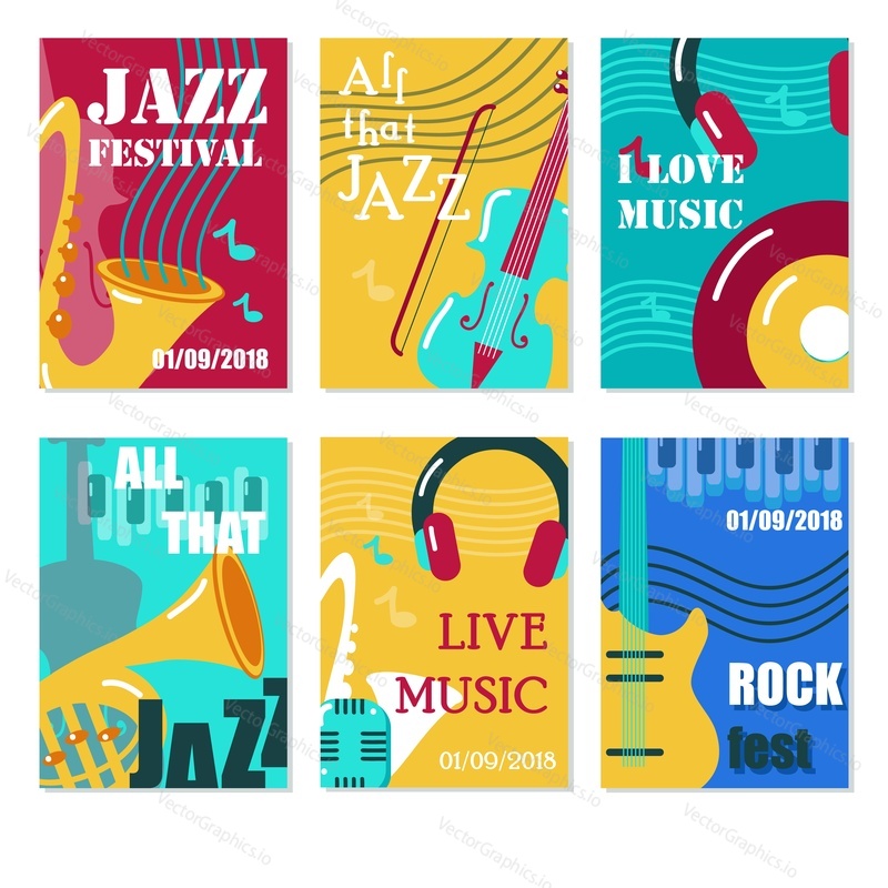 Jazz festival, live music concert poster, flyer, card template set. Vector flat illustration of musical instruments, music notes and accessories.