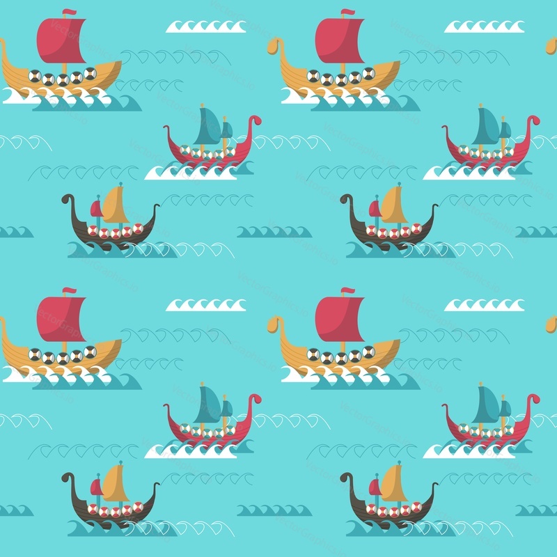 Векторный бесшовный узор с длинными кораблями викингов. Фон кораблей эпохи викингов, обои, ткань, оберточная бумага.
