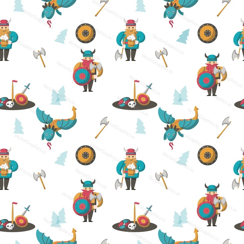 Vector seamless pattern with vikings with armor, beer and dragons. Viking age cartoon characters background, wallpaper, fabric, wrapping paper.
