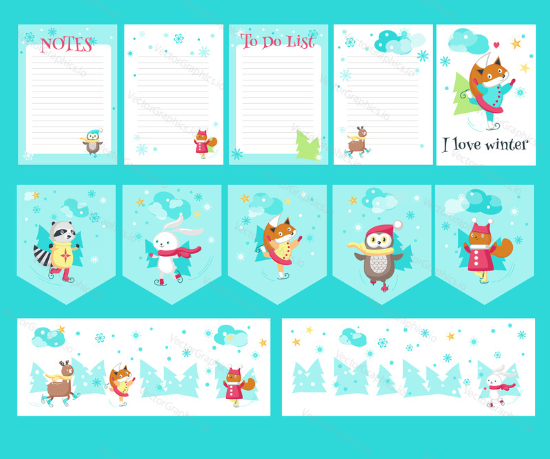 Vector set of cards, party flags, notepad sheets with cute animals enjoying ice skating and winter quotations. Funny little raccoon fox squirrel owl bunny and deer having fun in winter.