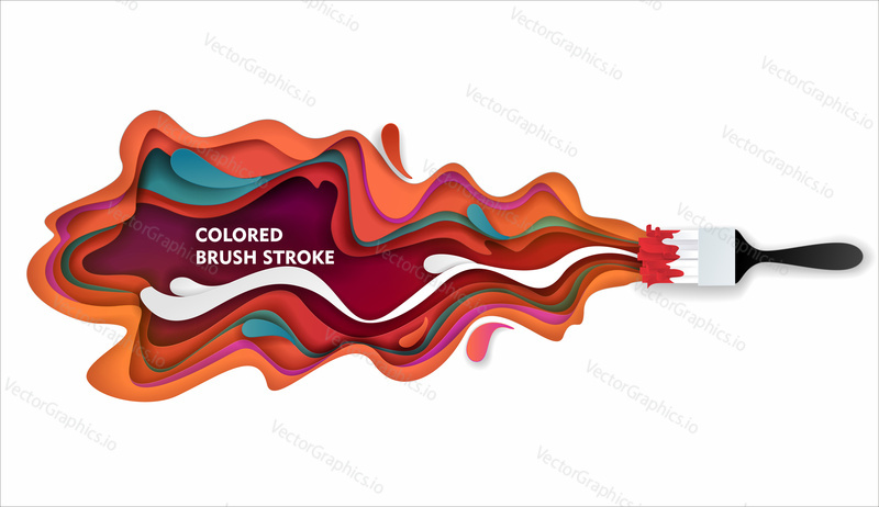Paintbrush and colored paint brush stroke. Vector paper cut illustration. Colorful paint layers in paper craft style.