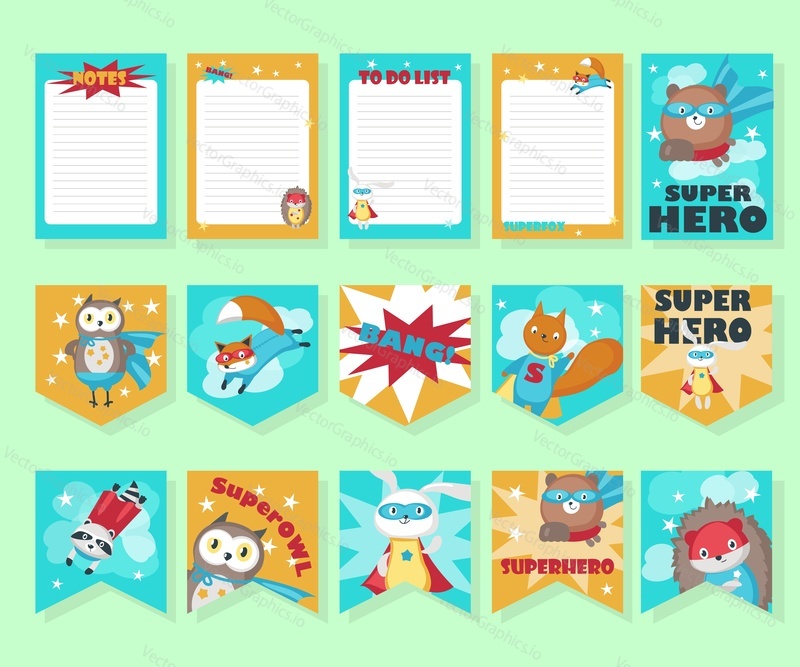 Vector set of cards, party flags, notepad sheets with cute superhero animals. Funny little raccoon fox bear hedgehog owl squirrel and rabbit in super hero costumes.