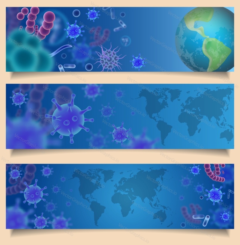 Virus attack vector web banner template set. Various shape and color microscopic viruses, bacteria and microbes, planet Earth, world map. Virology microbiology and medicine science concept.