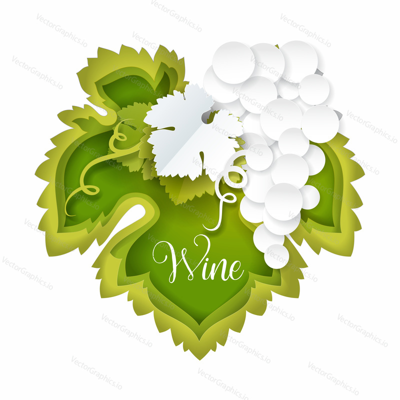 Vector paper cut bunch of grapes with green leaf. White grape vine. Wine grape icon.