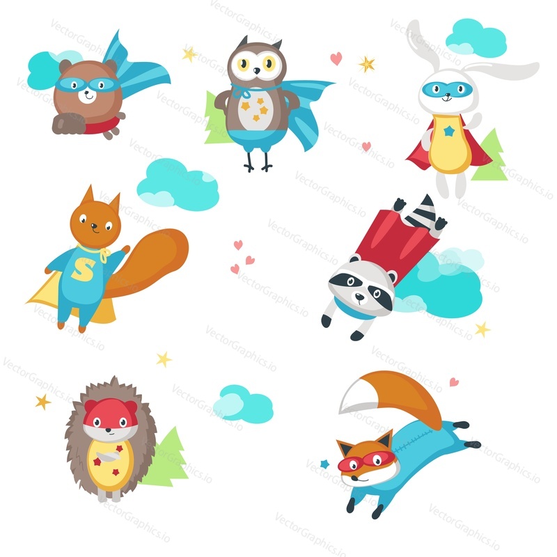 Superhero animals. Vector illustration isolated on white background. Cute little raccoon, rabbit, bear, owl, fox, squirrel and hedgehog in super hero costumes