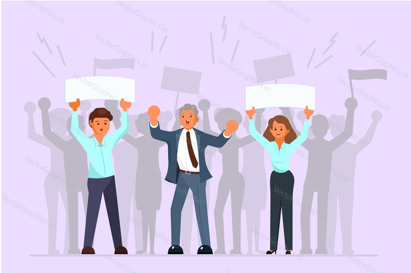 Election campaign concept vector flat illustration. Group of protesting people holding blank posters in hands raised. Pre-election agitation, picket, meeting.