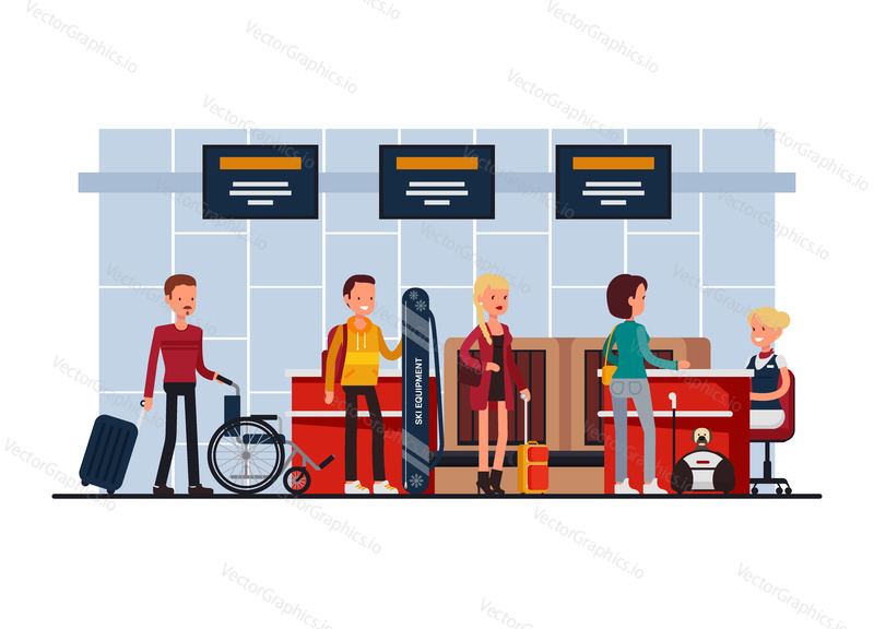 Airport terminal security check-in desk, vector illustration in flat style. Passengers and their hand baggage undergo thorough security control.