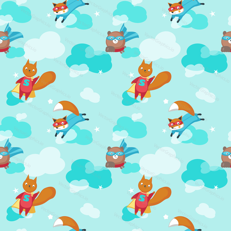 Vector seamless pattern with cute animals bear, squirrel and fox flying in sky in super hero costumes. Superhero animals background, wallpaper, fabric, wrapping paper.