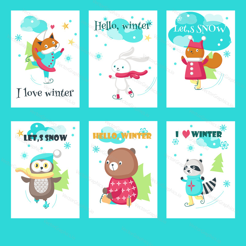 Vector set of party flags, notepad sheets with cute animals enjoying ice skating and winter quotations. Funny little raccoon fox squirrel bear owl and rabbit having fun in winter.