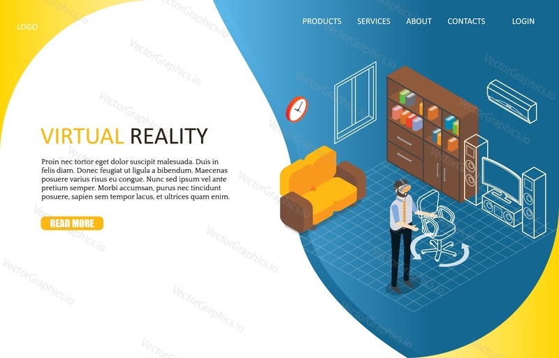 Шаблон веб-сайта целевой страницы виртуальной реальности. Векторная изометрическая иллюстрация человека в виртуальной гарнитуре, которая имитирует его физическое присутствие в виртуальной гостиной с мебелью.