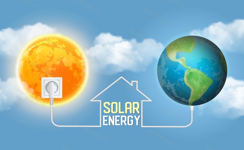 Solar power concept vector realistic illustration. Eco house with solar energy lettering between sun and planet earth connected to it.