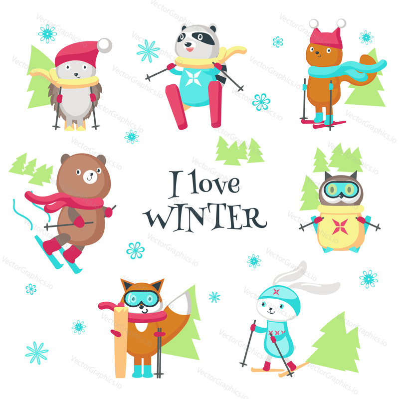 Cute animals in warm hats and scarves enjoying skiing. Vector illustration isolated on white background. Funny little raccoon fox squirrel bear hedgehog owl and rabbit having fun in winter.