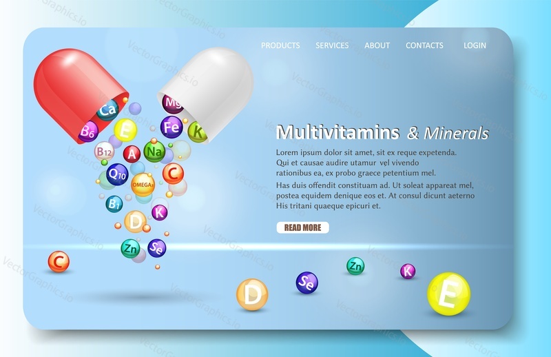 Шаблон веб-сайта целевой страницы с мультивитаминами и минералами. Векторная реалистичная иллюстрация. Фармацевтическая открытая капсула витаминного комплекса с выпадающими витаминными шариками. Витаминные и минеральные добавки.