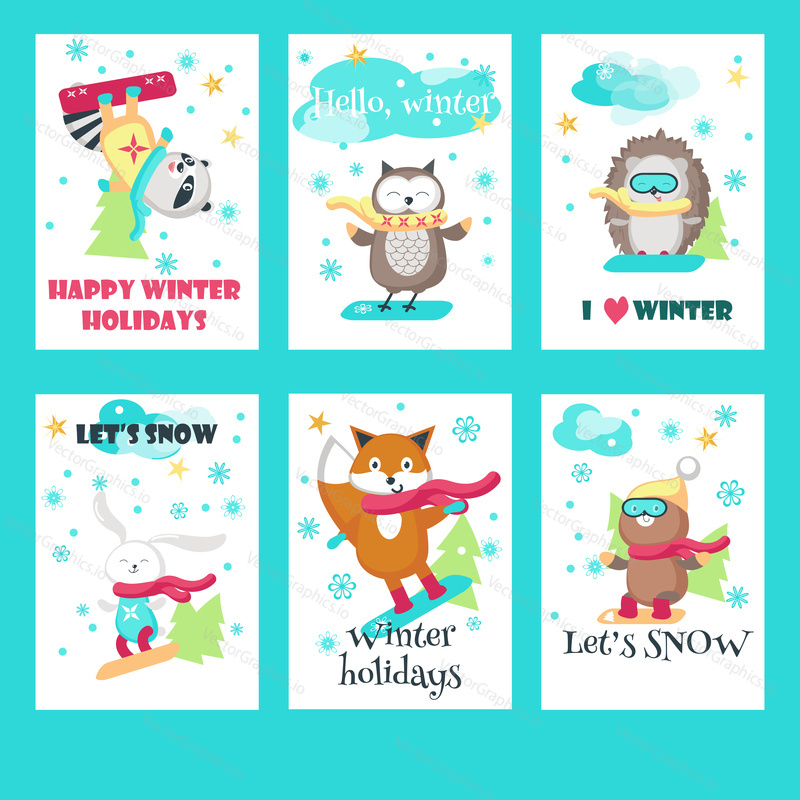 Векторный набор открыток с милыми животными-сноубордистами и зимними цитатами. Забавный маленький енот, лиса, медведь, ежик, сова и кролик веселятся зимой.