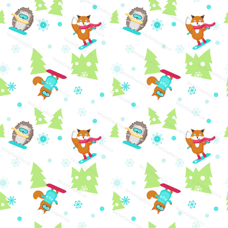 Vector seamless pattern with cute animals hedgehog, squirrel and fox enjoying snowboarding. Winter background, wallpaper, fabric, wrapping paper.