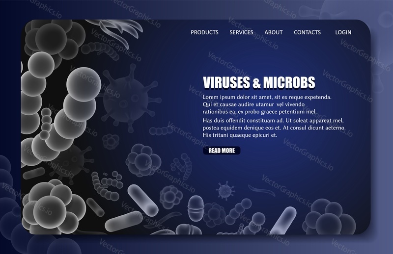 Шаблон веб-сайта целевой страницы с вирусами и микробами. Векторная иллюстрация различных типов микроорганизмов, микроскопических микробов и бактерий. Концепция вирусологии, микробиологии и медицинской науки.