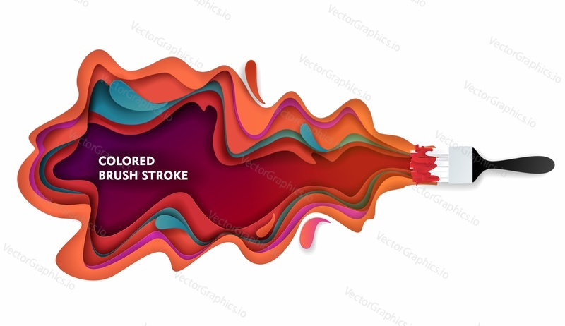 Paintbrush and colored paint brush stroke. Vector paper cut illustration. Colorful paint layers in paper craft style.