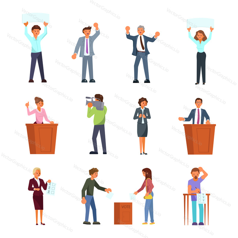 Election campaign and voting concept vector flat illustration isolated on white background. People involved in election process. Political candidates making statements, voters in polling station.