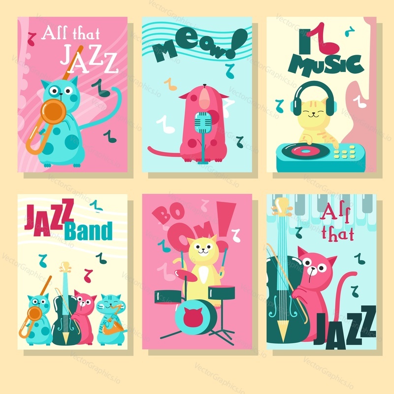 Vector set of cards with cute cats and inspirational quotations about music. Funny kittens playing musical instruments, listening to music and singing.