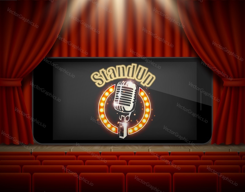 Standup online poster banner template. Vector illustration of red theater stage and mobile phone with stand-up comedy show sign on screen.