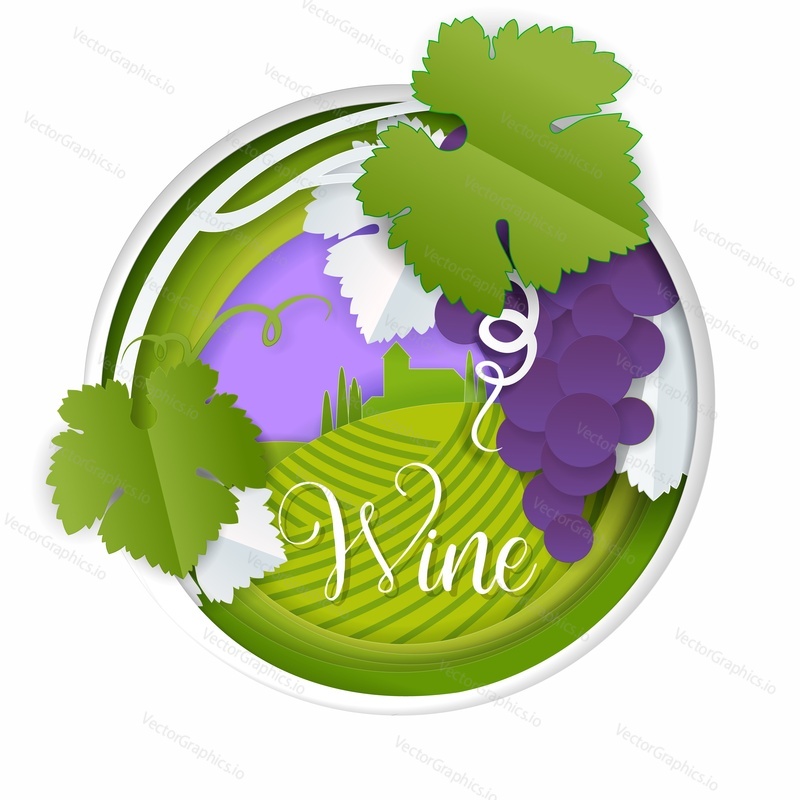 Vector paper cut bunch of grapes with leaf. Purple grape vine, vineyard landscape in round frame. Red wine label, emblem.