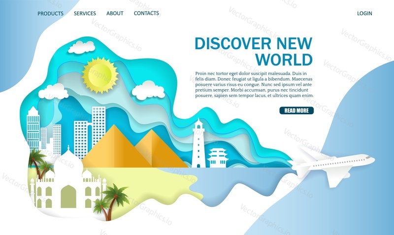 Discover new world vector website template, web page and landing page design for website and mobile site development. Paper cut airplane, pyramids temple other world landmarks. Airlines travel concept