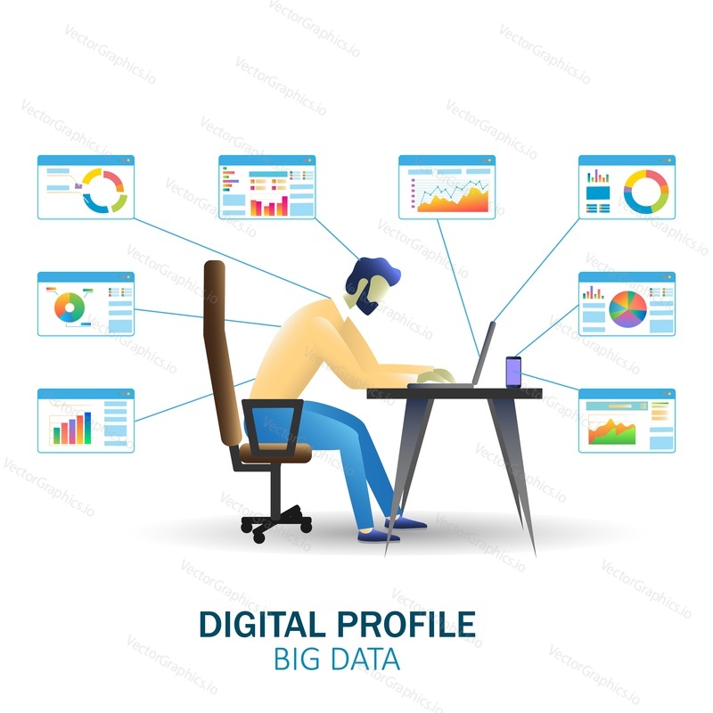 Big data technology for digital profile vector illustration. Big data analysis and forecasting in digital marketing concept with bar pie charts, diagrams, character for web banner, website page, etc.