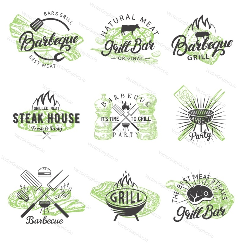 Barbecue logo, badge, label, emblem set. Vector illustration in retro style. Barbeque, grill bar, steak house or bbq party vintage typography.