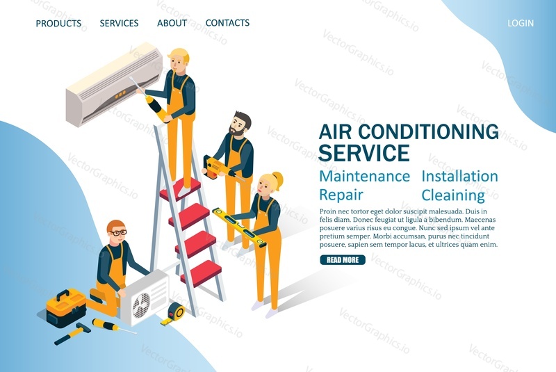 Air conditioning service vector website template, web page and landing page design for website and mobile site development. Isometric technicians installing air conditioner. Maintenance and repair.