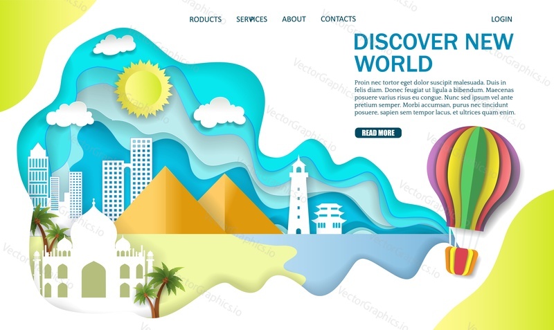 Discover new world vector website template, web page and landing page design for website and mobile site development. Paper cut hot air balloon, pyramids, other landmarks. Travel, adventure concept.