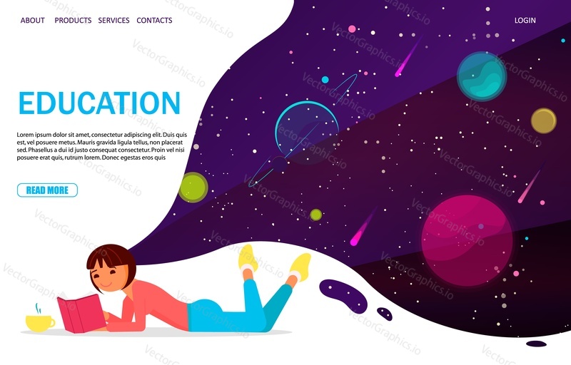 Education vector website template, web page and landing page design for website and mobile site development. Cute girl reading book about universe, space and planets. Learning, library concept.