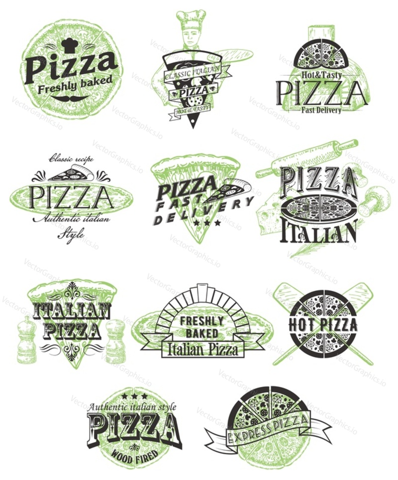 Pizza logo, badge, label, emblem set, vector illustration in retro style. Fast food restaurant, pizzeria vintage typography.
