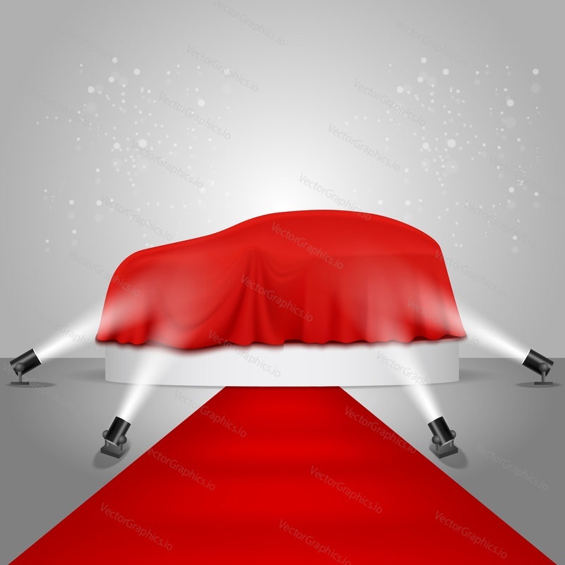Car covered with luxury red fabric on white round podium with red carpet illuminated by floor spotlights, vector realistic illustration. New car model presentation, auto show.