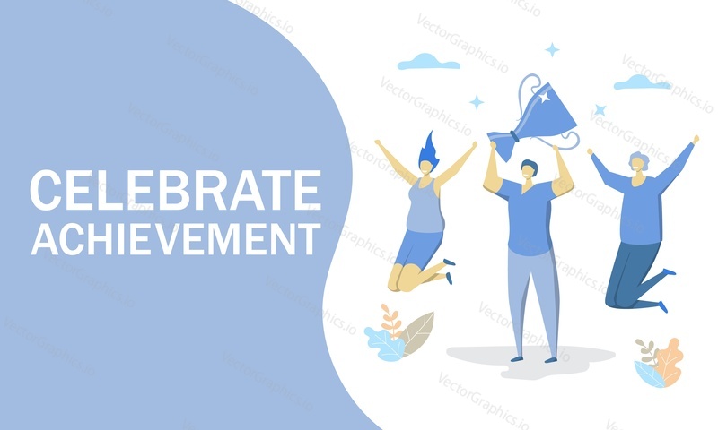 Celebrate achievement vector flat style design illustration. Business team success and reward concept with characters holding cup, jumping, celebrating victory for web banner, website page etc.
