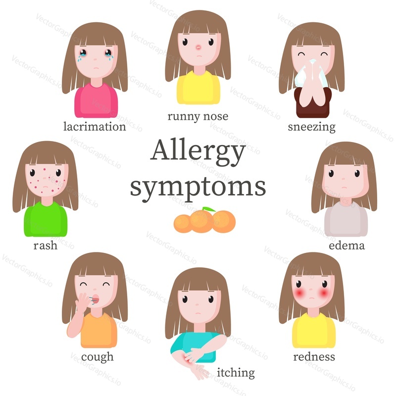 Allergy symptoms, vector flat isolated illustration. Girl suffering from allergic reaction symptoms such as runny nose, sneezing edema redness itching cough rash and lacrimation.