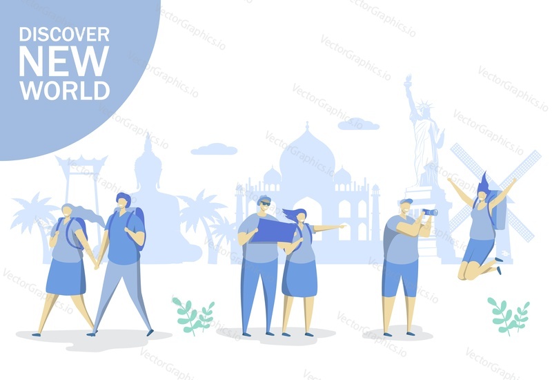 Discover new world vector flat style design illustration. Worldwide traveling concept with group of tourists and world famous landmarks for web banner, website page etc.