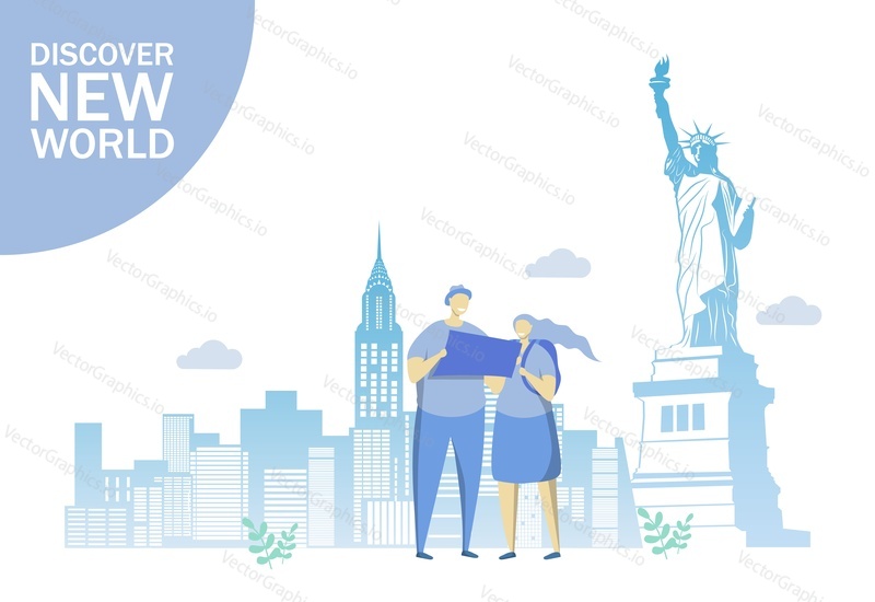 Discover new world vector flat style design illustration. Travel to America concept with traveling couple and New York city skyscrapers with Statue of Liberty for web banner, website page etc.