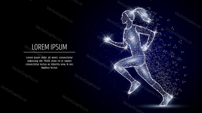 Sport concept vector poster banner template. Running girl silhouette, low poly wireframe mesh. Polygonal art style illustration with connected points, lines, shapes.