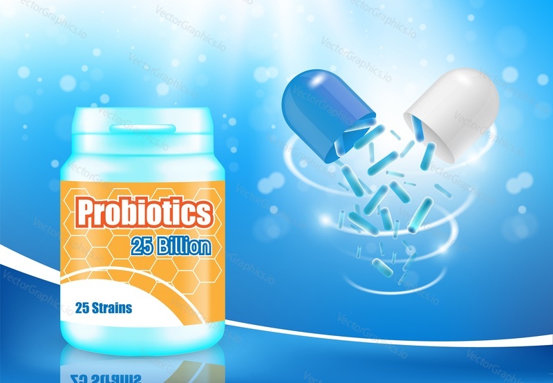 Реклама пробиотиков, шаблон векторного плаката-баннера. Пробиотическая добавка в капсулах для поддержания здорового баланса кишечных бактерий, иммунитета и здоровья пищеварительной системы.
