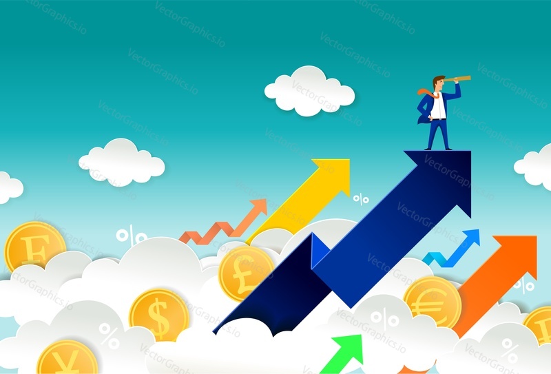Currency trader looking through telescope while standing on up arrow. Vector paper cut illustration. Stock exchange market, investment and trading concept for web banner, website page etc.