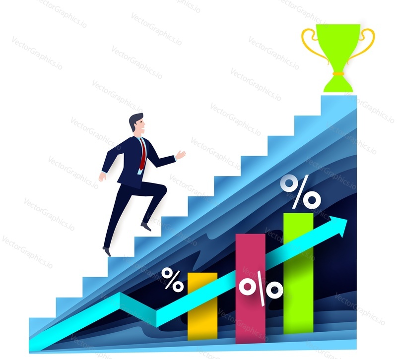 Businessman walking up stairs to trophy cup, vector paper cut illustration. Financial success, business strategy, growth, leadership way to success concept for web banner, website page etc.