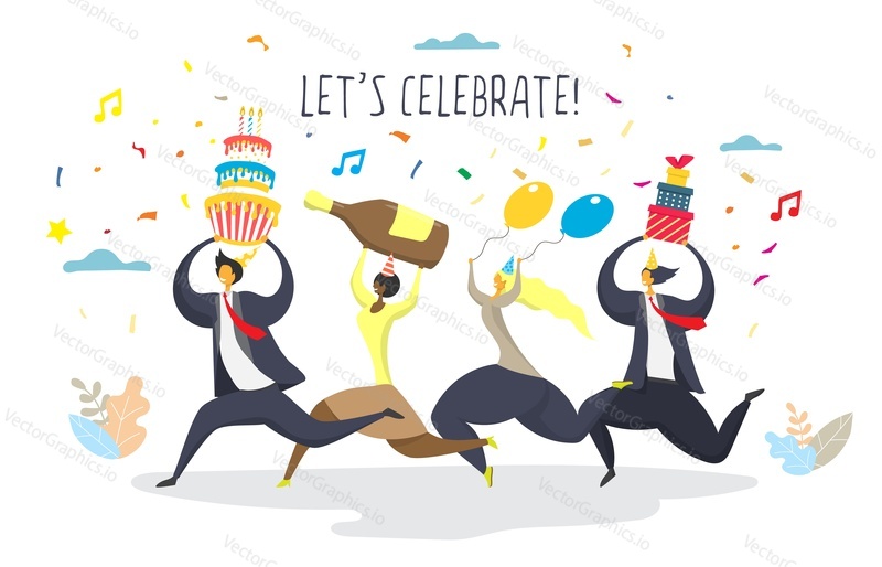 Happy office people cartoon characters going to the party with cake, champagne, balloons, gift boxes, vector flat illustration. Corporate party event celebration concept for web banner, website page.