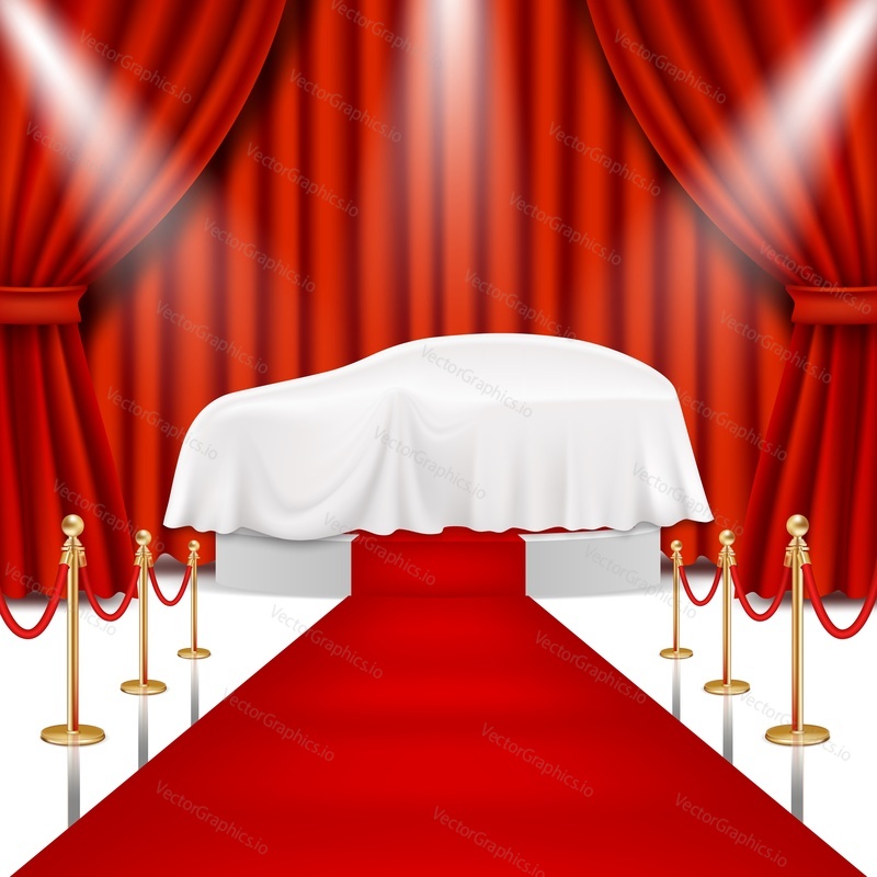 Car hidden under luxury white fabric on white round podium with red carpet, curtains, gold barriers, spotlights, vector realistic illustration. New car model presentation, auto show.