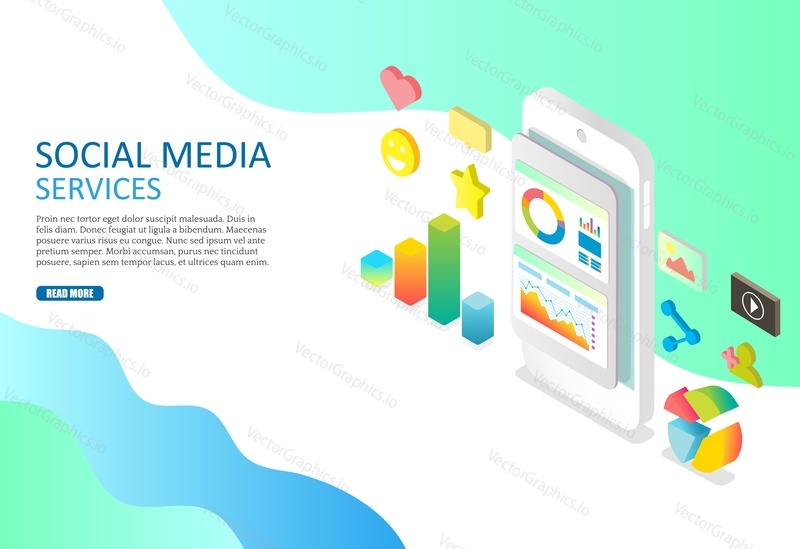 Social media services vector web banner design template. Vector isometric smartphone and social networking communication technology symbols.