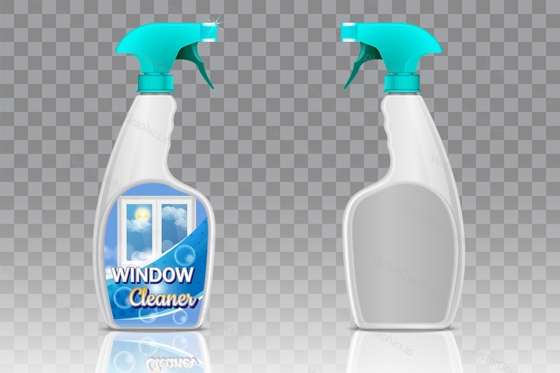 Blank and with window cleaning product label spray bottles. Vector realistic 3d illustration on transparent background. Handy plastic trigger spray bottle mockup set.