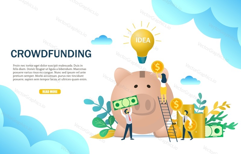 Crowdfunding web banner template. Vector illustration of business people putting money into piggy bank. Fundraising, new ideas investing concept for website page etc.