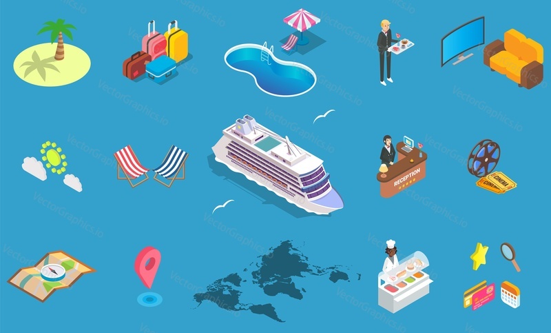 Sea cruise icon set. Vector isometric illustration of passenger cruise liner and beach vacation items. Voyage, summer holiday, sea travel concept.