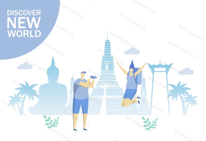 Discover new world vector flat style design illustration. Travel to Asia concept with traveling couple taking photo and famous asian landmarks for web banner, website page etc.