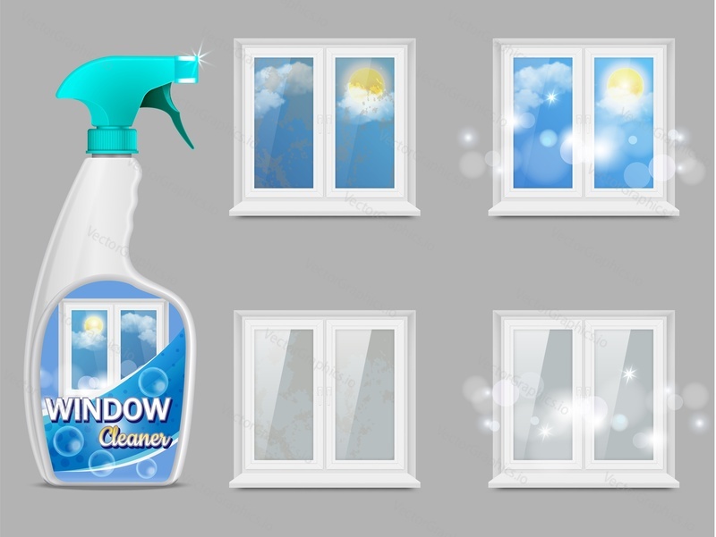 Window cleaning detergent, vector 3d realistic illustration. Clean windows and handy plastic trigger spray bottle mockup. Window cleaner product for poster, banner etc.